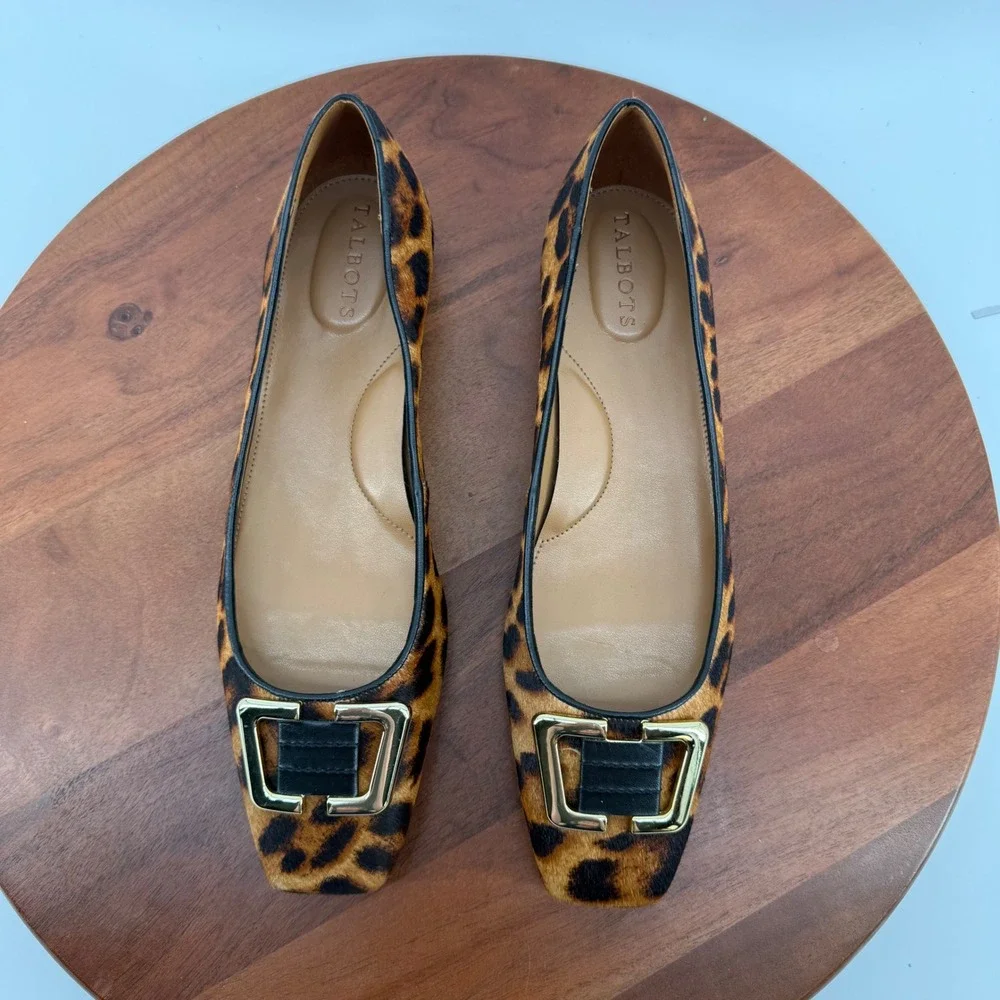 Talbots Leather Flats Leopard Calf Hair Gold Buckle Square Toe Brazil Women 10.5